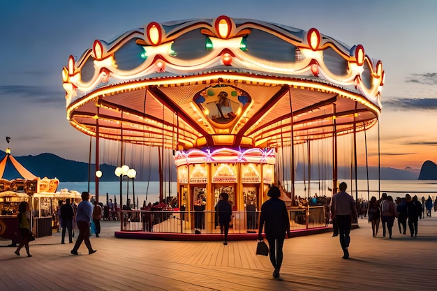 A carousel with a lit up top that says'the word carousel '