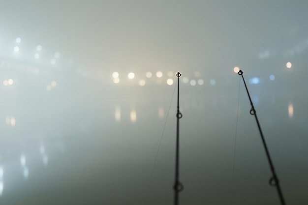 霧の夜の鯉のスピニングリール釣りロッド。アーバンエディション。夜釣り、鯉のロッド、街の明かり。霧の夜。