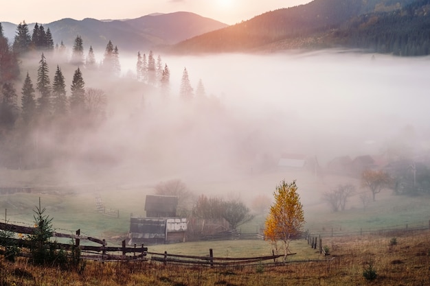 Carpathian mountain landscape on a foggy Autumn day