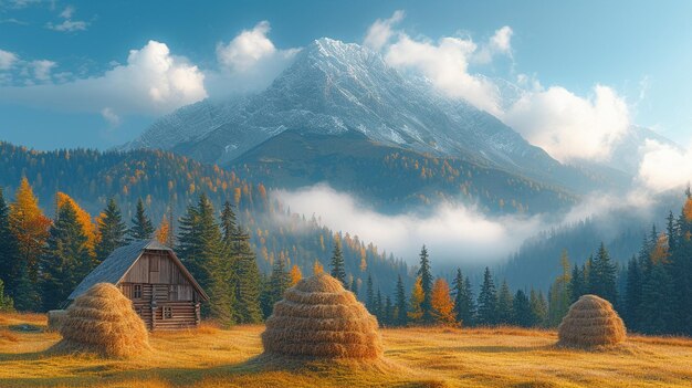 The Carpathian Mountains have a snowcapped peak In the front are two haystacks