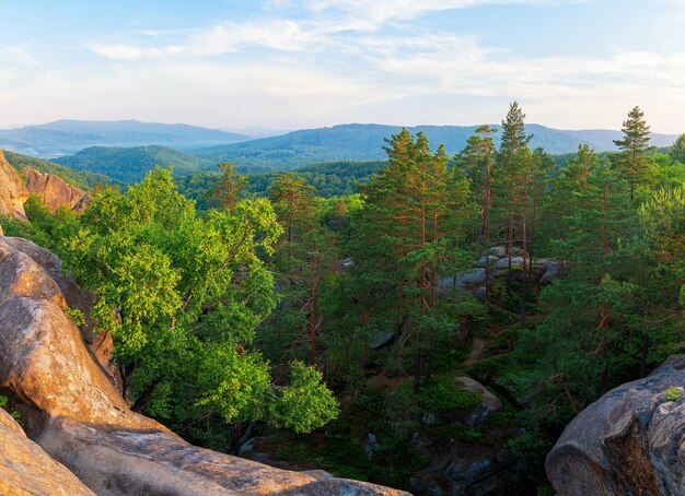 Carpathian mountains landscape at sunset, huge stone rocks of Dovbush.