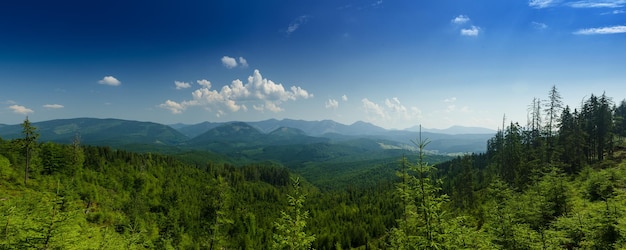 Карпатские горы летний пейзаж с голубым небом и облаками, естественный фон. Панорамный вид