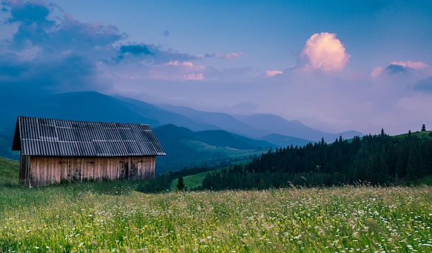Carpathian mountains summer landscape with cloudy sky and house, natural summer travel background. Panoramic view.