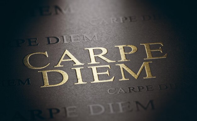 Carpe diem geschreven met gouden letter op zwarte achtergrond met selectieve focus op de uitdrukking. 3d illustratie.