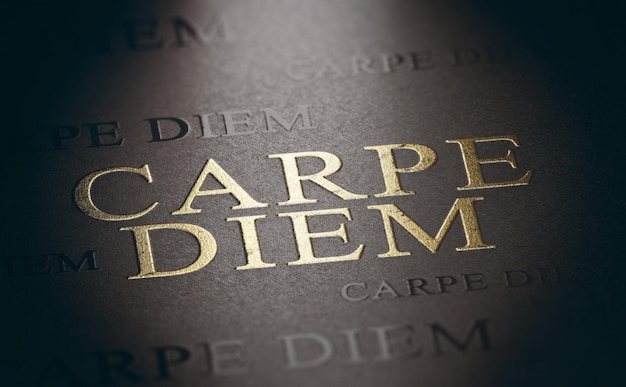 Carpe diem written with golden letter on black background with selective focus on the expression. 3d illustration.