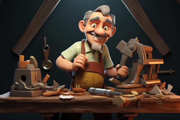 Photo carpenter in 3d cartoon style generative ai