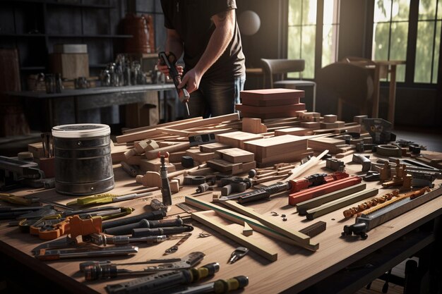 Photo a carpenter arranging tools and materials before generative ai