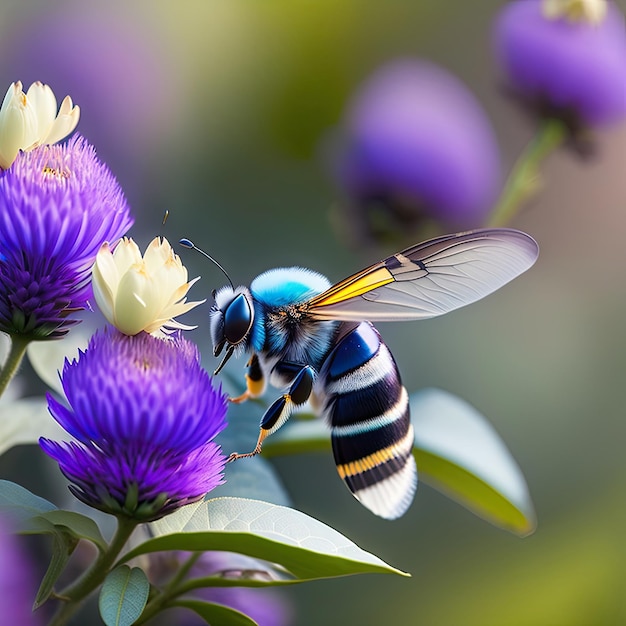 Carpenter bee Xylocopa species with blue dark green wings pollinating working on creeping foxglove