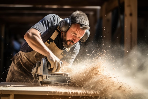 Carpenter blowing sawdust from wooden plank