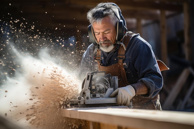 Carpenter blowing sawdust from wooden plank