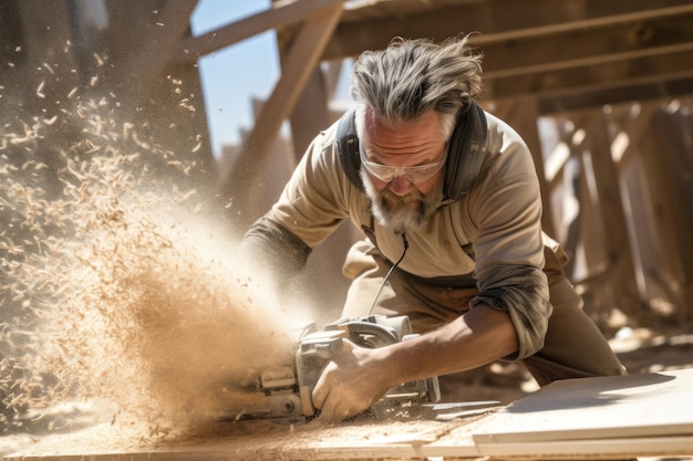 Carpenter blowing sawdust from wooden plank