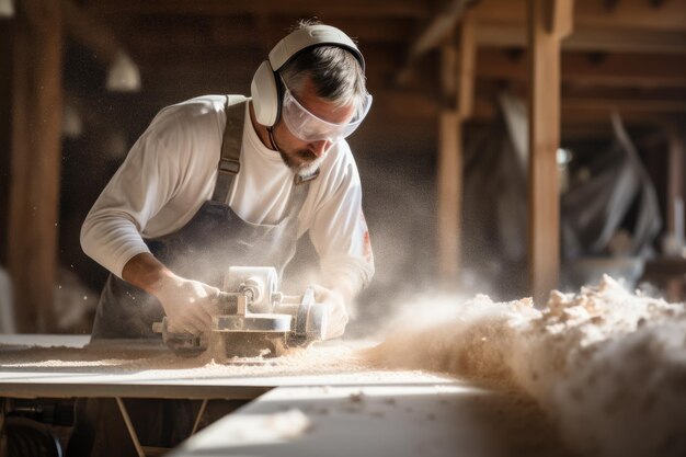 Carpenter blowing sawdust from wooden plank