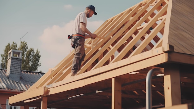 Carpenter builds a roof on the house