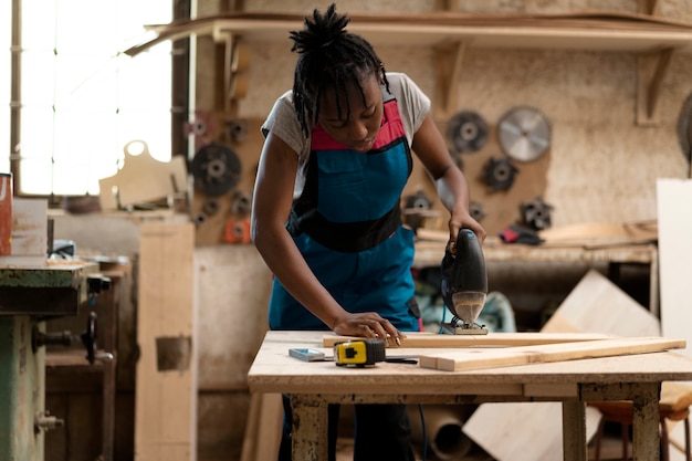 Photo carpenter cutting mdf board inside workshop