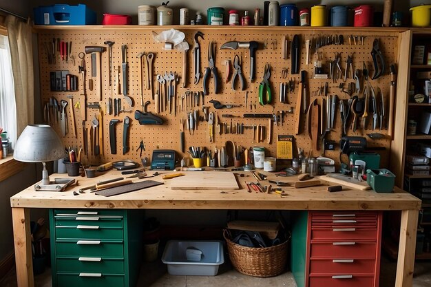 木製の背景に様々な道具を描いた木工