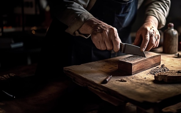 Carpenter Hands Working with Chisel and Wood in Workshop