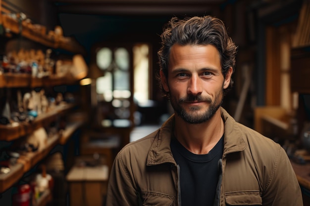 A carpenter in his workshop looking at the camera Copy space