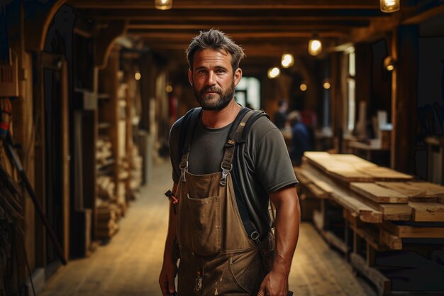 A carpenter in his workshop looking at the camera Copy space