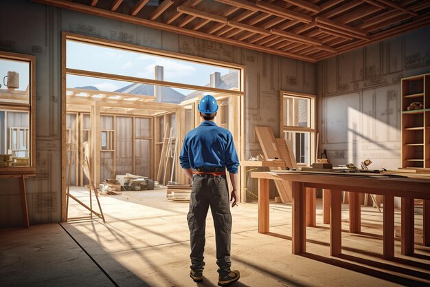 Carpenter holds wooden planks on construction site