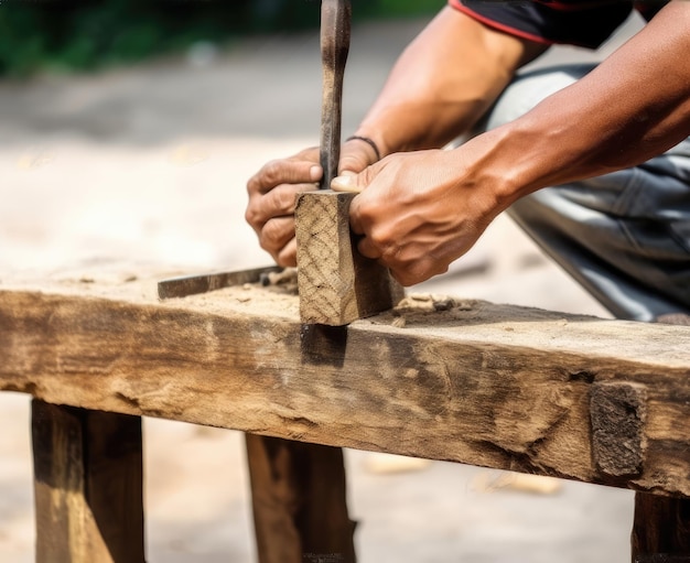 The carpenter is repairing the house He makes nails using a hammer Created with Generative AI technology