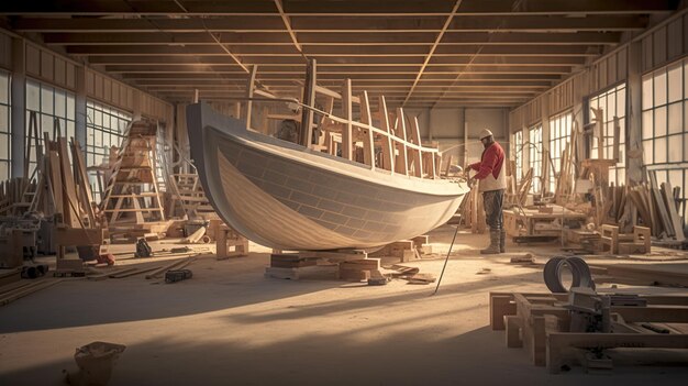 Carpenter making wooden boat of his own design in his workshop