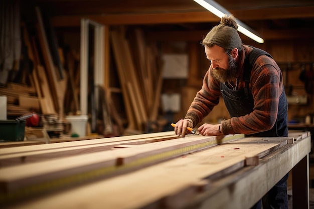 Carpenter measure by a measure tape on the work bench