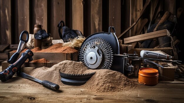 Photo carpenter 's tools on wooden background top view with copy space