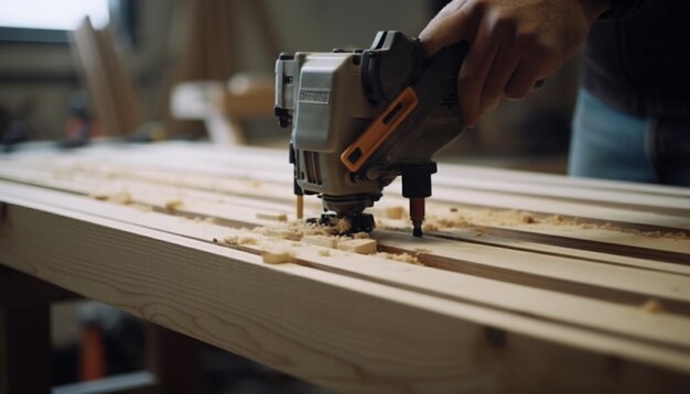 Carpenter sawing plank with electric saw in workshop construction site generated by AI