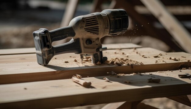 Carpenter saws wood with electric saw in construction workshop generated by ai