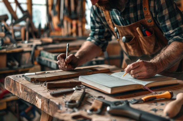 Photo carpenter sketching ideas in woodworking studio with tools