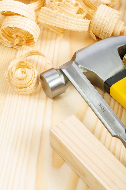 Carpenter tools on boards close up