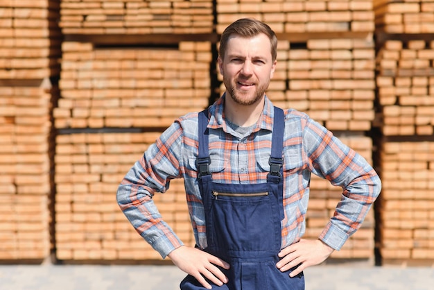 Carpenter in uniform check boards on sawmill