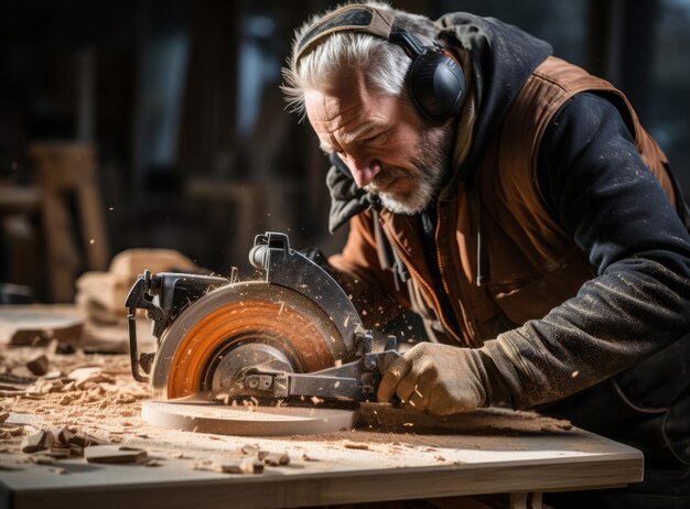 carpenter using a circular saw to cut a large board of wood An elderly man works in a carpentry shop