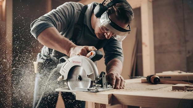 Carpenter using circular saw for cutting wooden boards