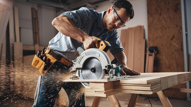 Carpenter using circular saw for cutting wooden boards