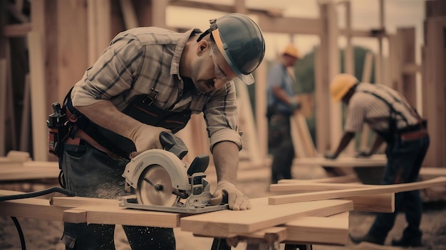 Carpenter using circular saw for cutting wooden boards