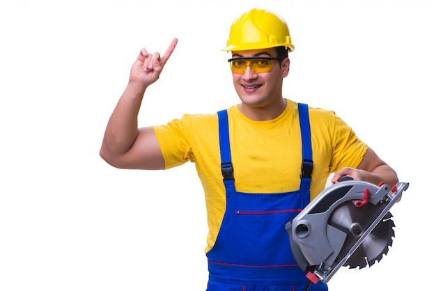 Carpenter wearing coveralls with circular saw isolated on white