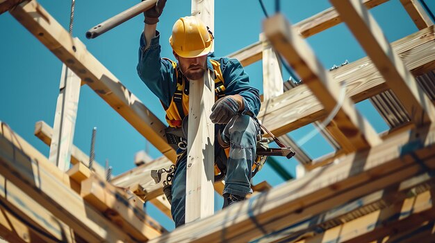 Photo carpenter wearing a hard hat and safety vest working on a wooden structure at a construction site