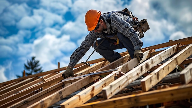 Photo carpenter wearing hard hat and tool belt working on roof truss installation on new home construction project