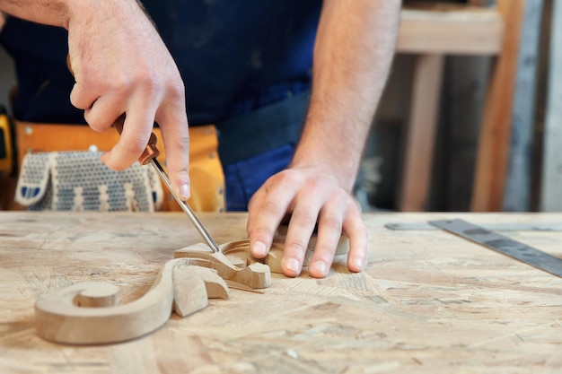 Carpenter with chisel in workshop closeup