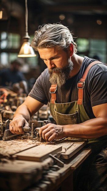 A carpenter at work in a manufacturing setting