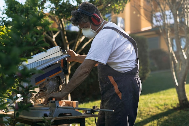 Carpenter working in the garden