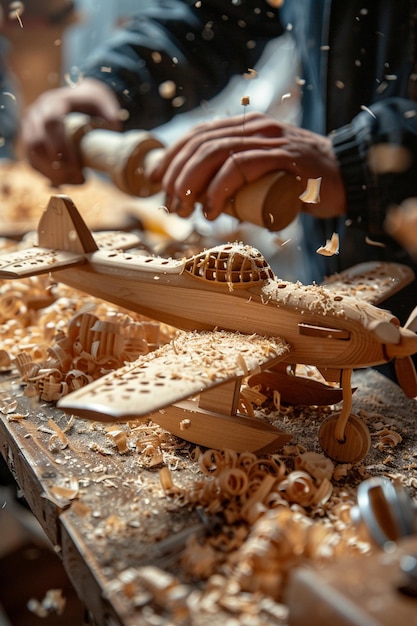 木匠が木工工場で働いている 木製の飛行機を作る職人