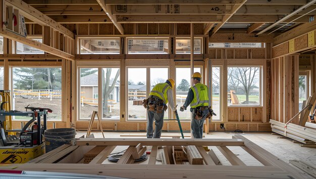 写真 carpenter working on a construction site building a frame house