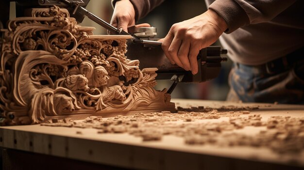 Photo carpenter working in wood with retro vintage style retro