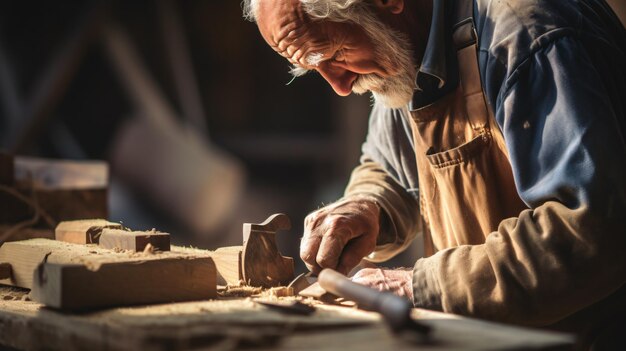 Carpenter working on wood wood carving old man