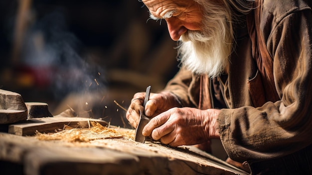 Carpenter working on wood wood carving old man