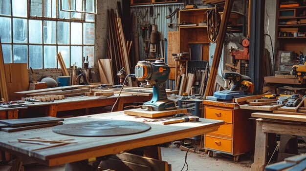 Carpenter workplace with a wooden table and tools