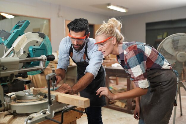 carpenters assembling furniture small business in wood diy workplace office background