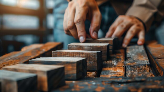 Foto mani di falegnami che lavorano con il legno il concetto di artigianato e mobili fatti a mano di qualità